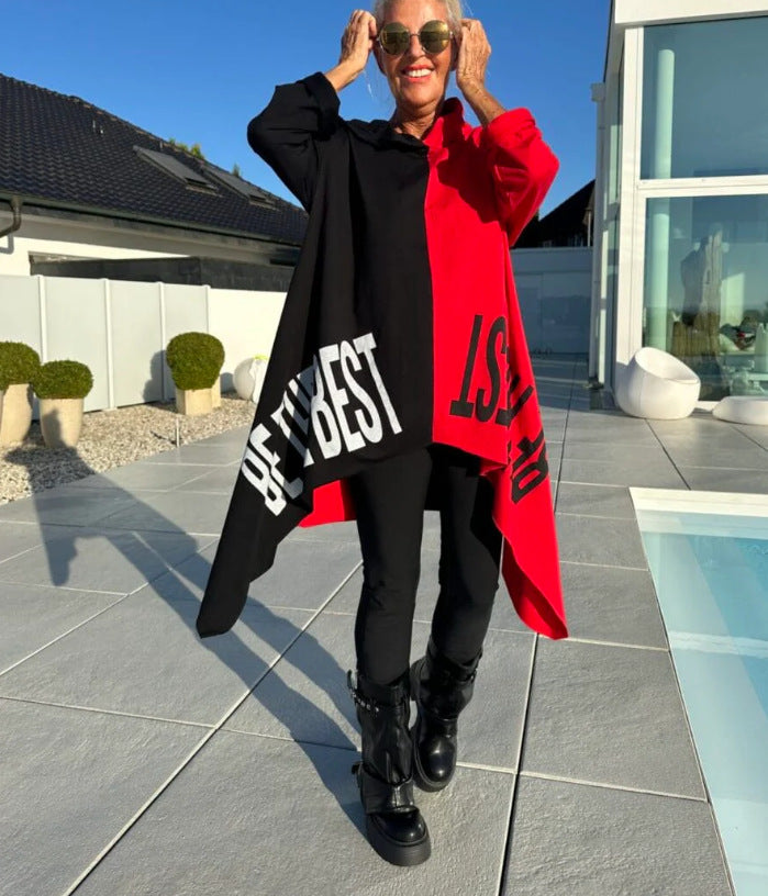 Women’s long-cut hooded poncho with asymmetric pointed hem and large statement print StylebySassy