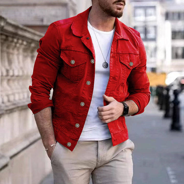 Men's tailored denim jacket in trucker style with chest pockets and metal buttons StylebySassy