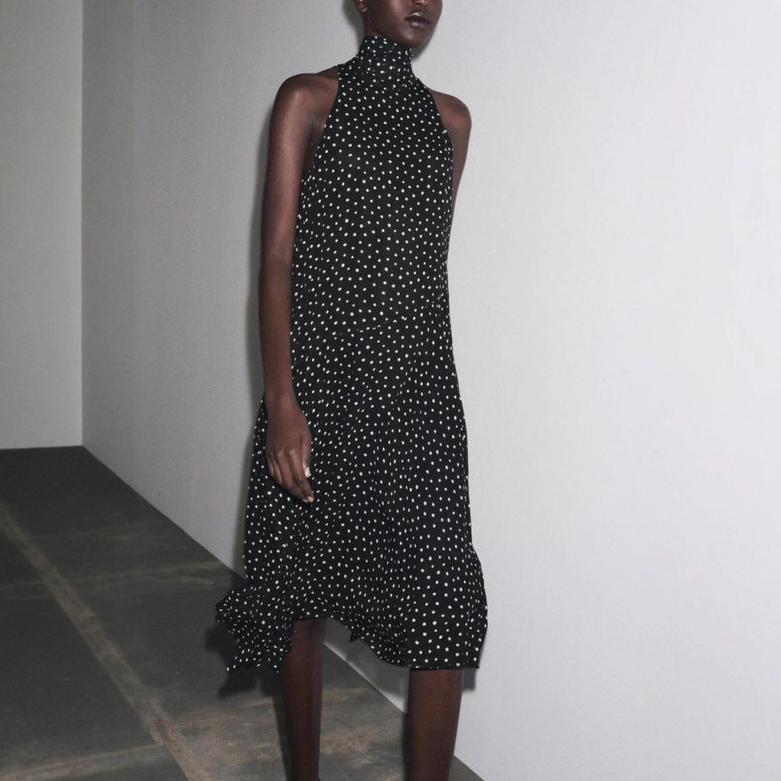 Women's sleeveless midi dress with high stand-up collar, flared ruffle skirt and polka dot pattern StylebySassy