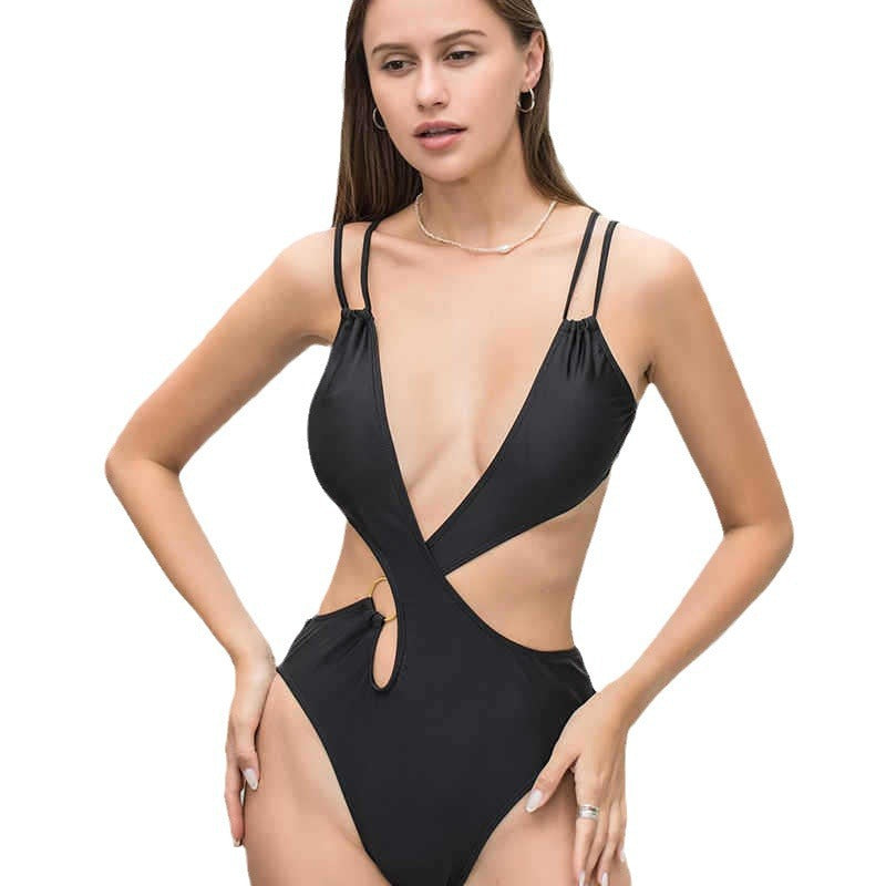 Women's Fashionable One-Piece Swimsuit with Deep V-Neck and Cut-Out Design StylebySassy