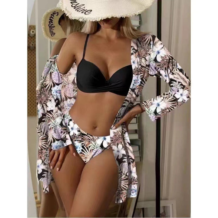 Women's beach bikini with floral embellishments and elegant kimono StylebySassy