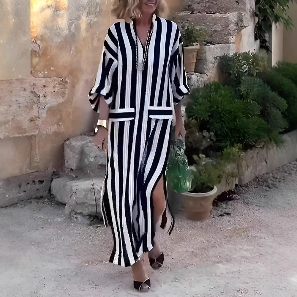 Women casual long shirt dress with vertical stripe pattern, V-neck, patch pockets, and high side slit StylebySassy