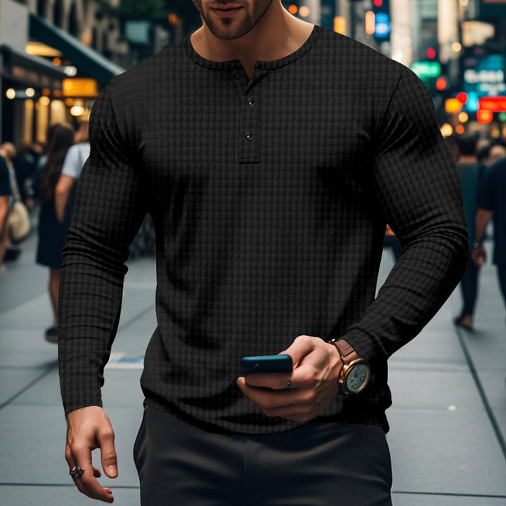 Men's fitted long-sleeve shirt with round neck button placket and waffle structure StylebySassy