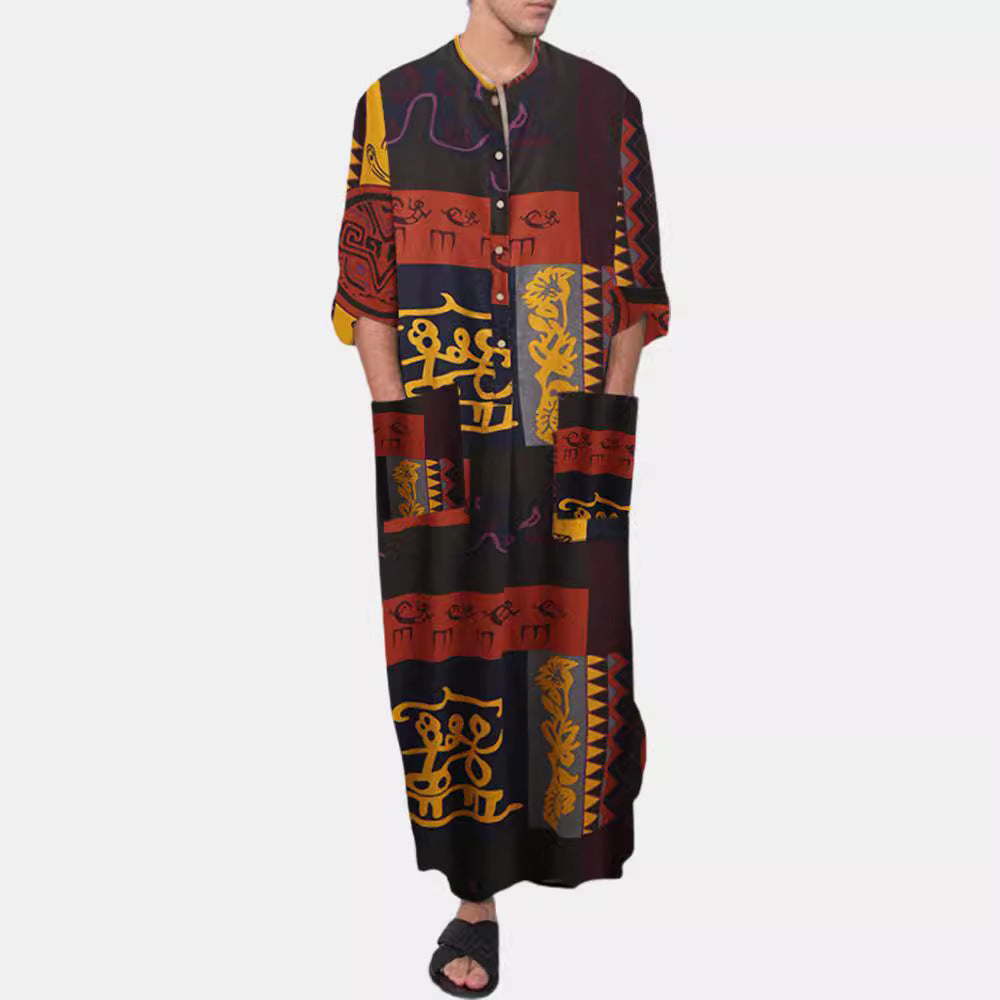 Ladies' Ethno-Maxi dress with stand-up collar, short button placket, dropped sleeves, and A-line cut StylebySassy