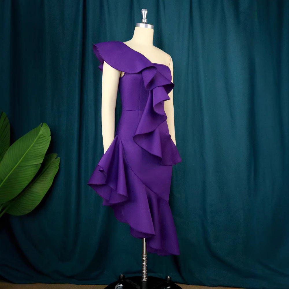 Women Elegant Maxi Dress with Asymmetrical Ruffle Design StylebySassy