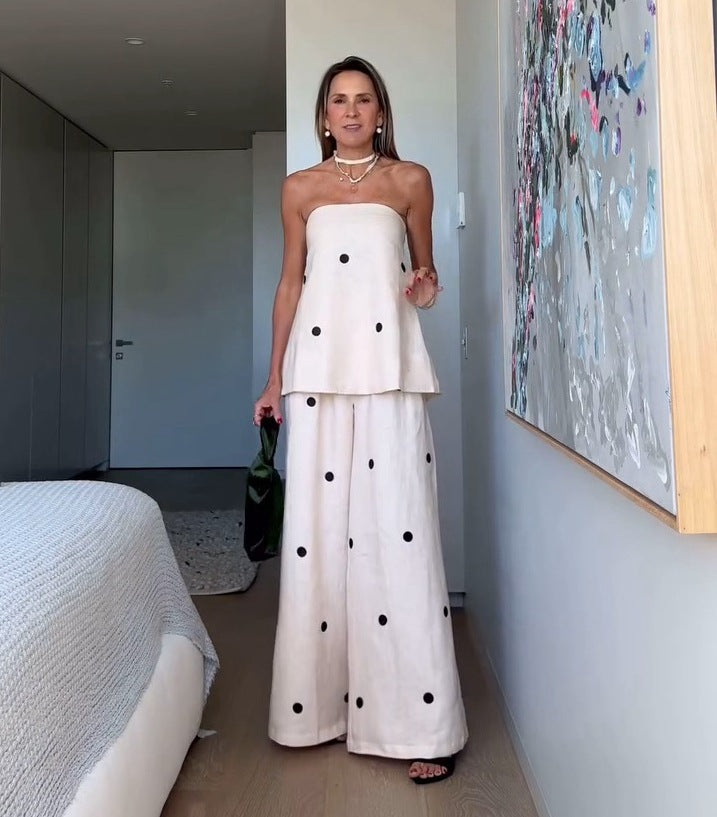 Women's two-piece bandeau set with extended top and floor-length Marlene trousers StylebySassy