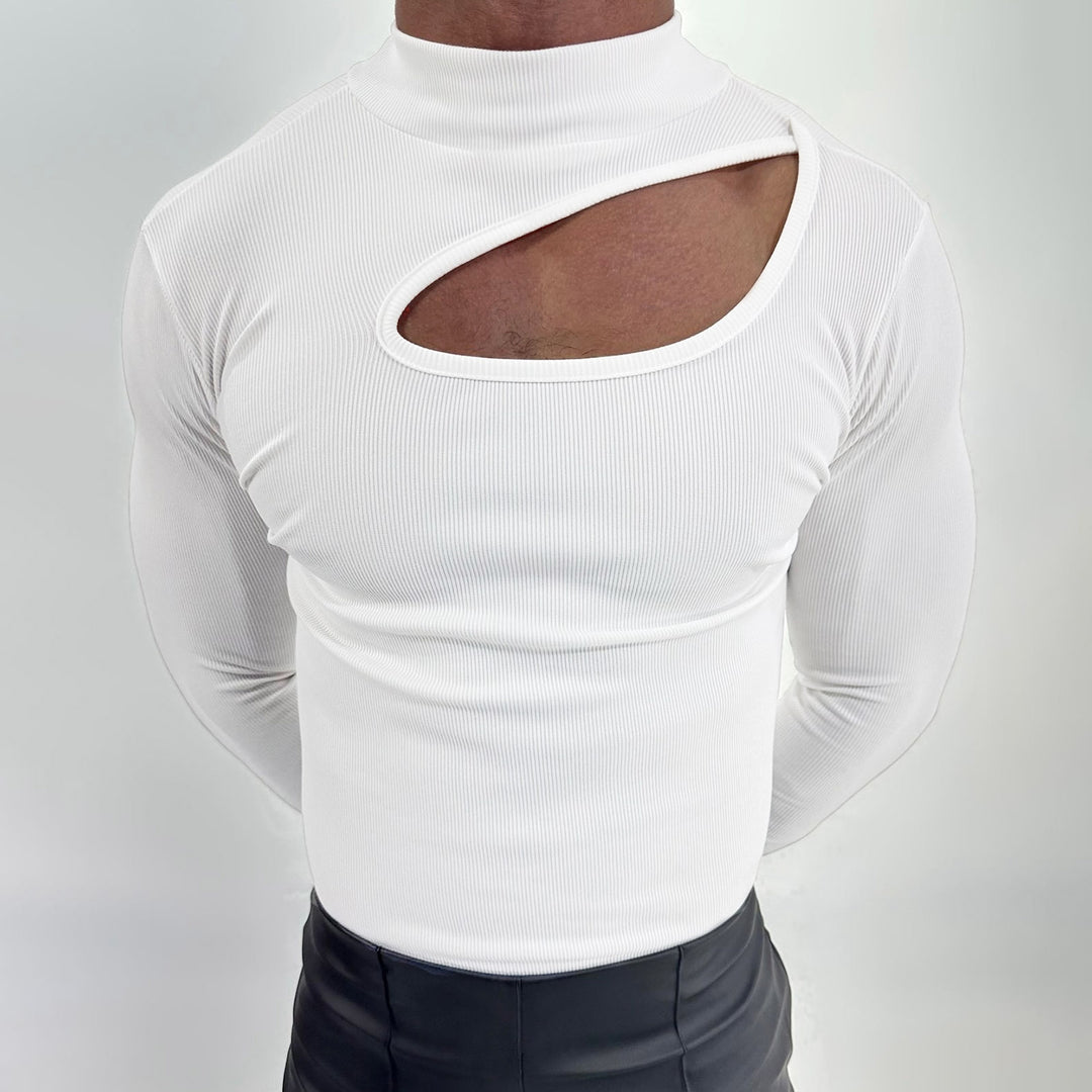 Women's fitted long sleeve top made of fine rib jersey with asymmetrical shoulder neckline and high collar StylebySassy