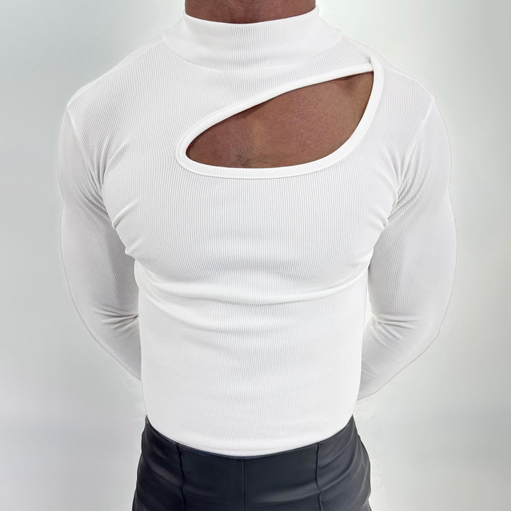 Women's fitted long sleeve top made of fine rib jersey with asymmetrical shoulder neckline and high collar StylebySassy