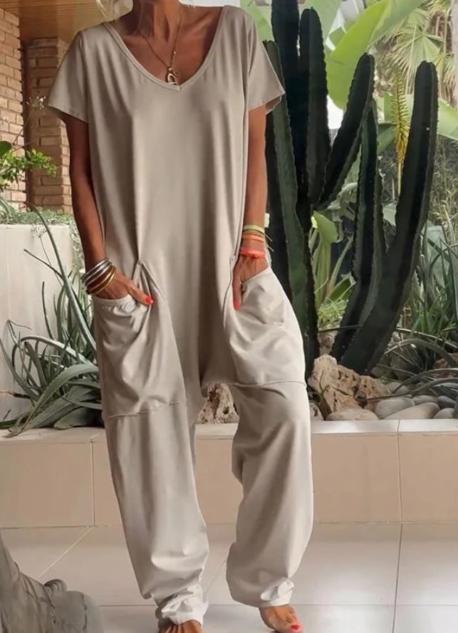 Women's comfortable oversized jumpsuit with V-neck, deep crotch and inset pockets StylebySassy