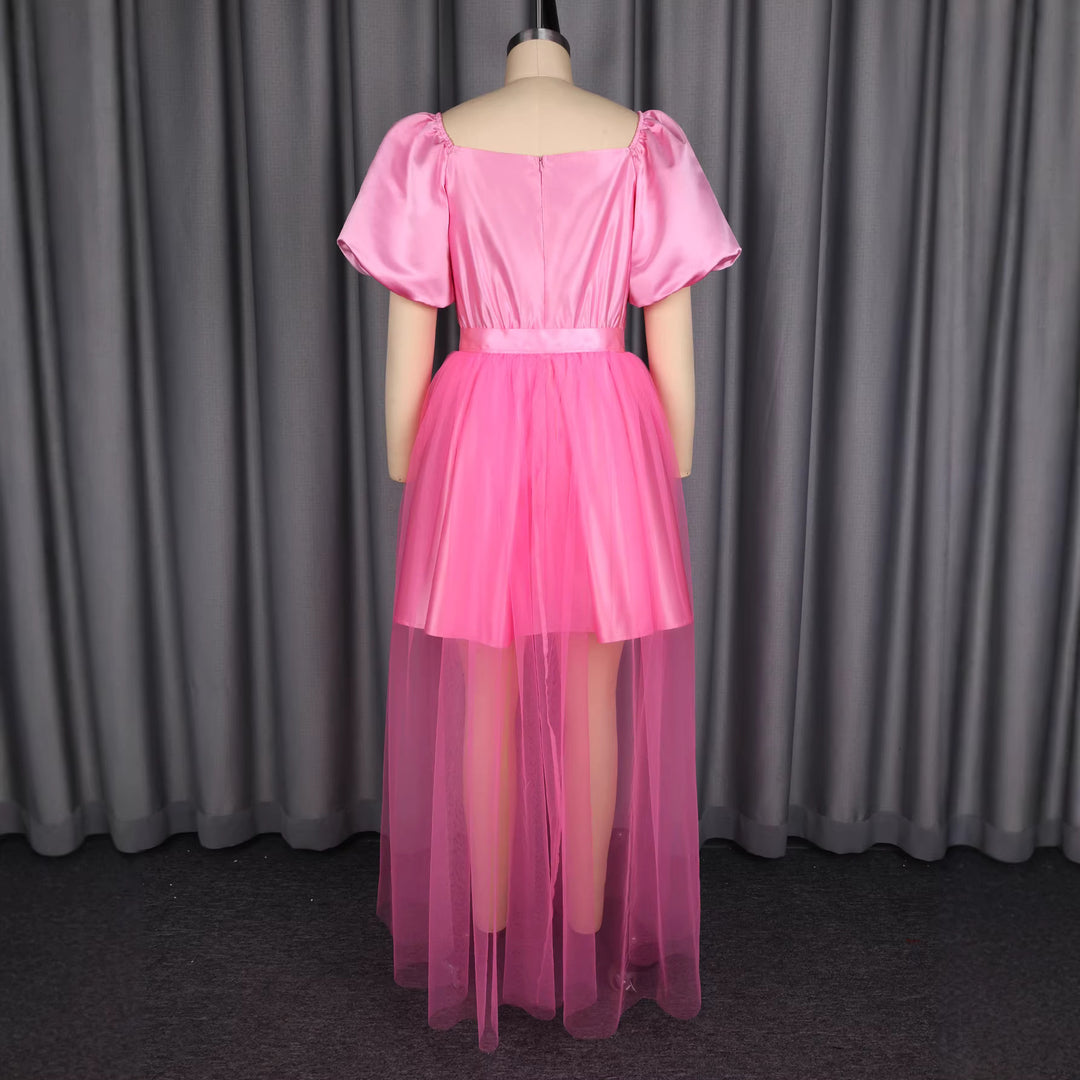 Ladies Elegant Tulle Dress with Puff Sleeves and Bow Tie