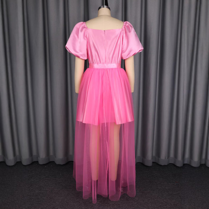 Ladies Elegant Tulle Dress with Puff Sleeves and Bow Tie