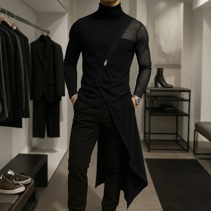Ladies avant-garde long shirt with diagonal zipper, stand-up collar and irregular pointed hem StylebySassy