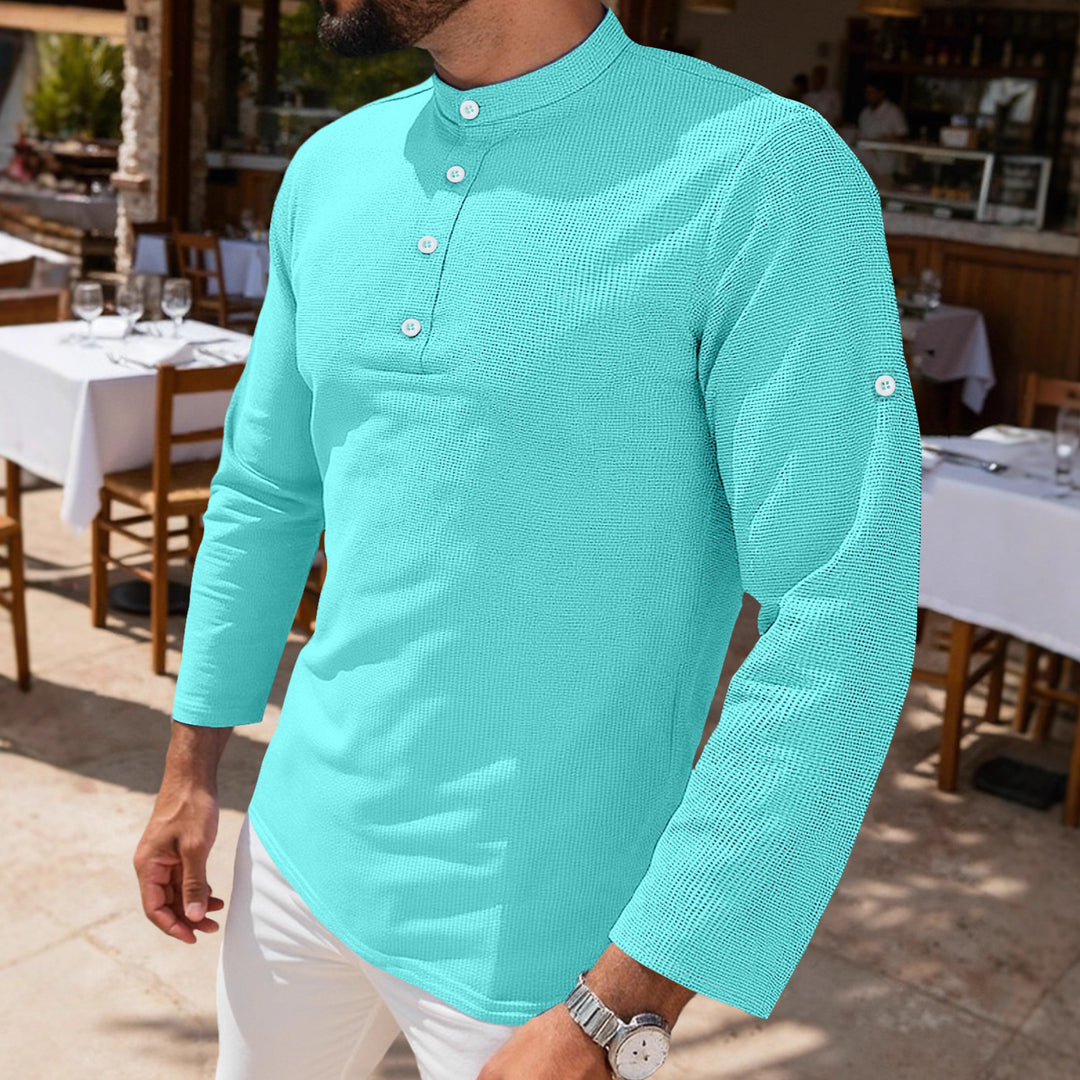 Men's structured long-sleeve henley with Nehru collar and tone-on-tone button placket StylebySassy