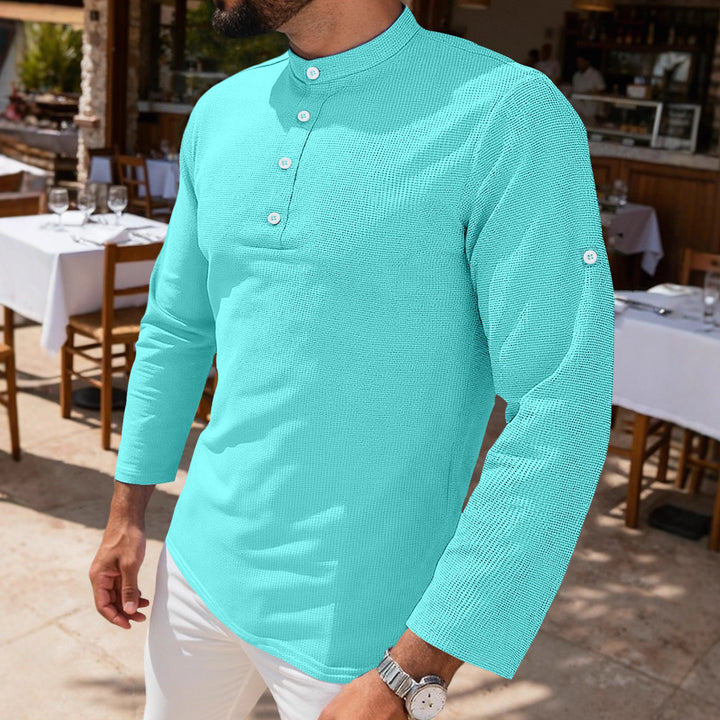 Men's structured long-sleeve henley with Nehru collar and tone-on-tone button placket StylebySassy