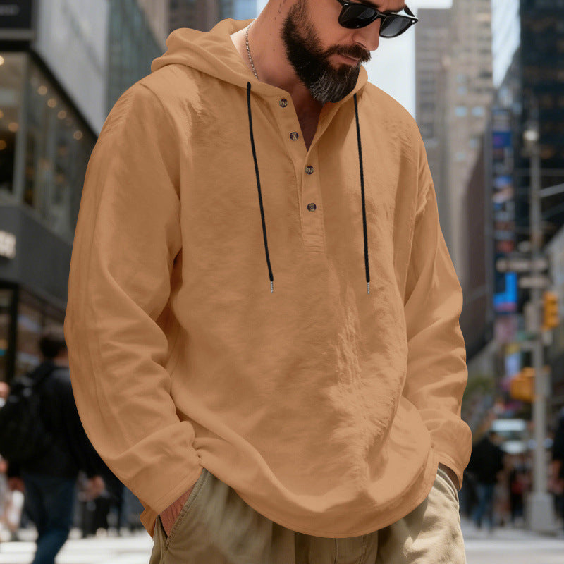 Men's lightweight hooded shirt with button placket made of linen blend and relaxed fit StylebySassy