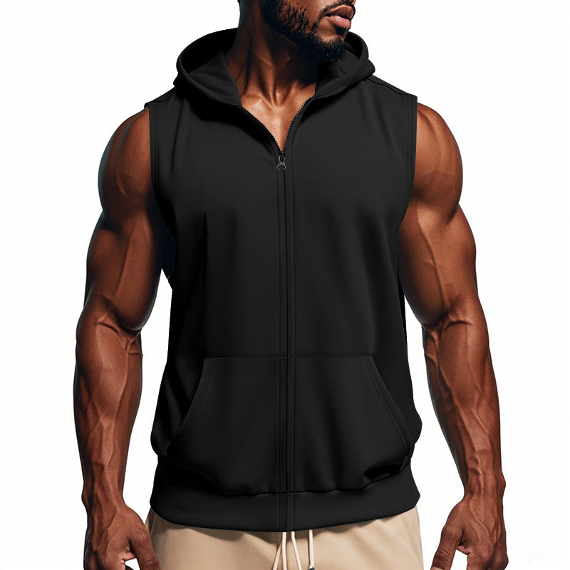 Men's muscle-fit training hoodie vest with zipper and kangaroo pocket StylebySassy