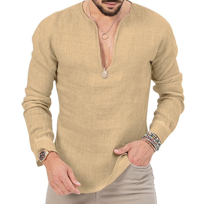 Men's relaxed linen tunic shirt with open slit collar and rounded hem StylebySassy
