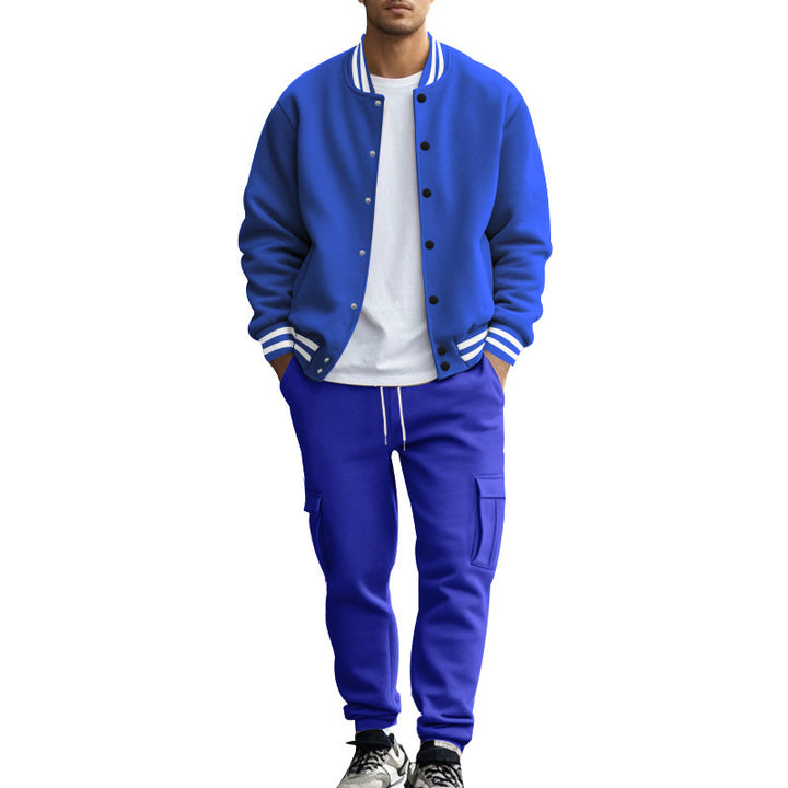 Men's sporty college two-piece made of heavy sweat with ribbed cuffs, snap-button bomber jacket and cargo jogger StylebySassy