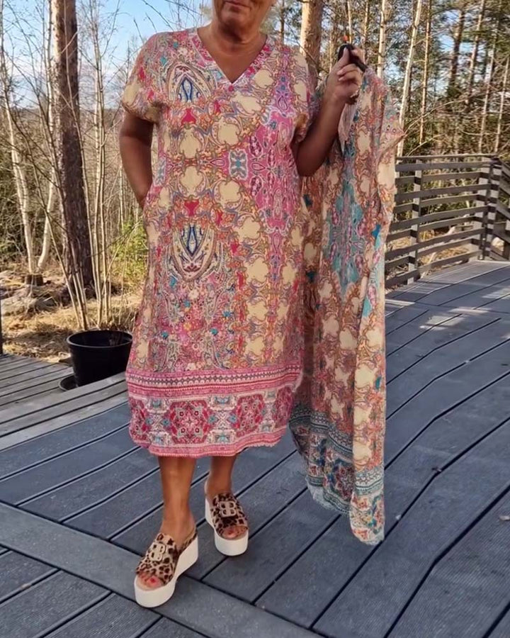 Women's flowing midi dress in tunic-kaftan mix with V-neck, short sleeves, loose fit, and matching pareo StylebySassy