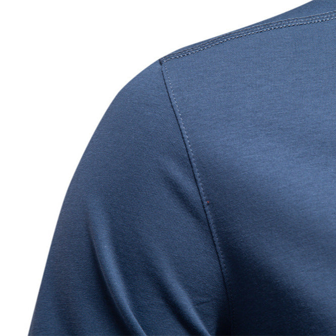 Men's navy cotton long-sleeve shirt with short button placket and stand collar StylebySassy