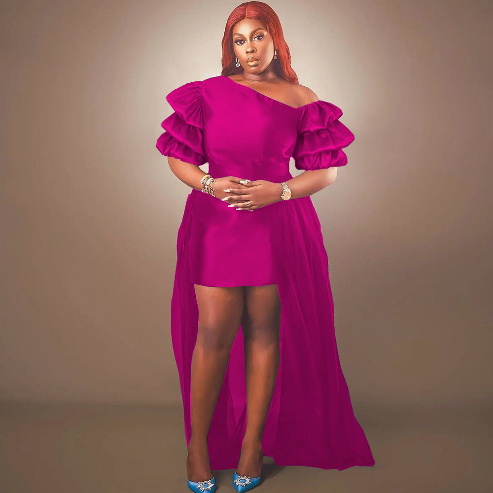 Women Elegant Tulle Dress with Asymmetrical Neckline and Voluminous Puff Sleeves StylebySassy
