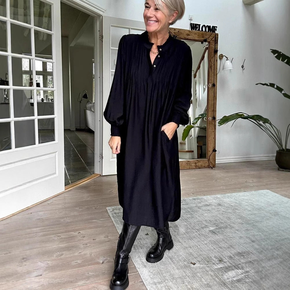 Ladies' loose midi dress with fine pleated look, stand-up collar, short button placket, smocked cuffs, and side pockets StylebySassy
