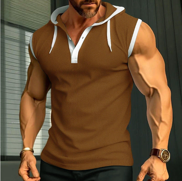 Men's sleeveless hooded sports shirt with mesh structure and V-neck StylebySassy