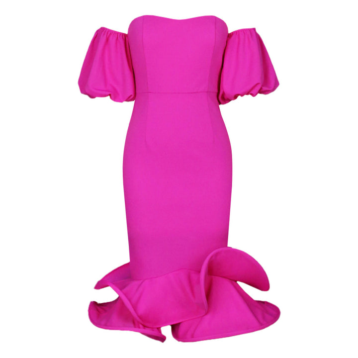 Women's Figure-Hugging Evening Dress with Voluminous Puff Sleeves and Ruffle Hem