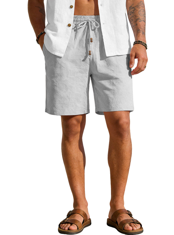 Men's lightweight beach Bermuda shorts made of linen blend with elastic waistband, drawstring and decorative button placket StylebySassy