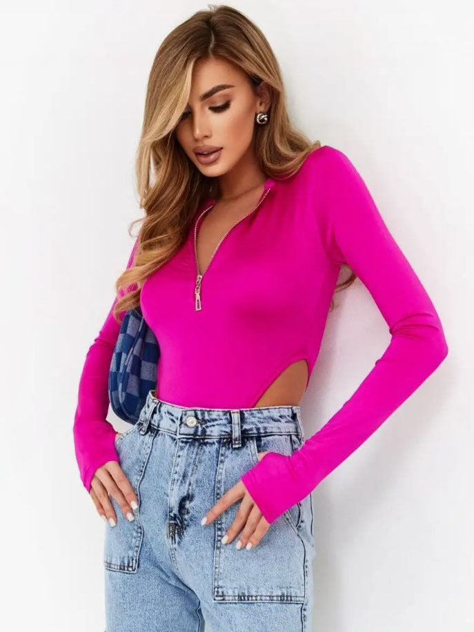 Women's Long Sleeve Bodysuits with Zipper and Side Cut-Out