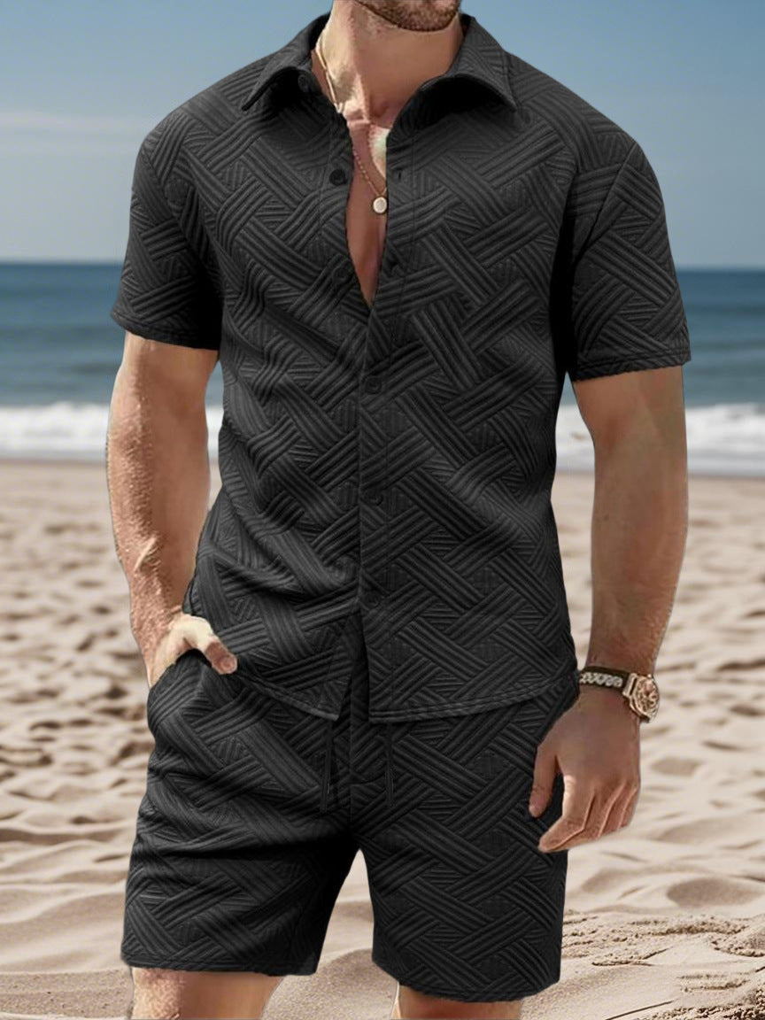 Men's embossed beach ensemble with open short sleeve shirt and cord Bermuda StylebySassy