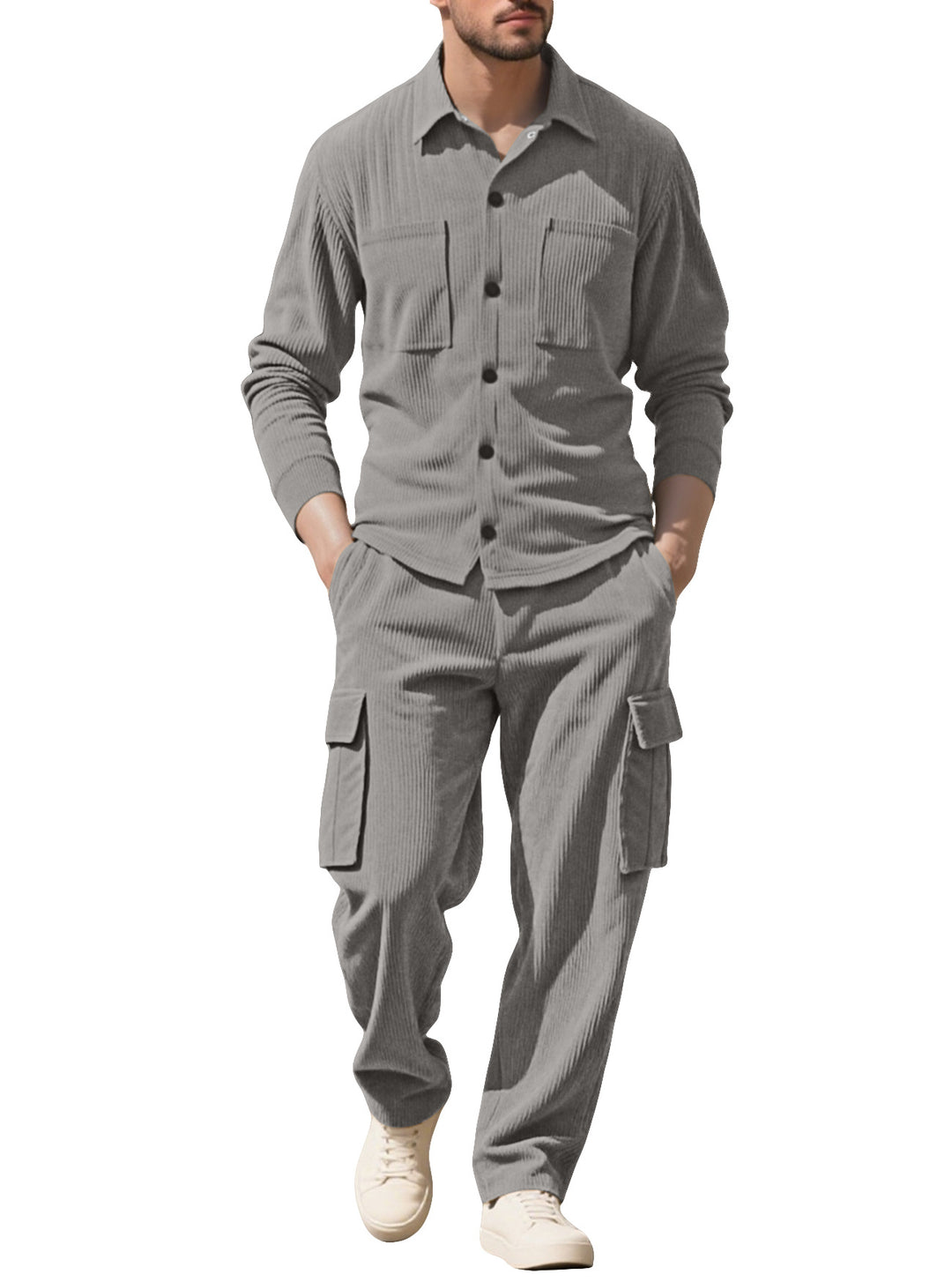 Men's ribbed worker shirt with chest pockets and relaxed cargo pants StylebySassy