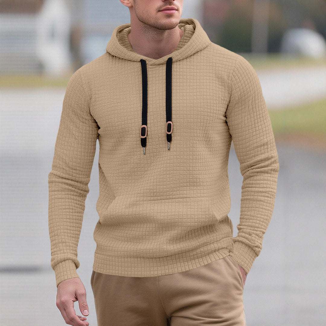 Men's narrow-cut quilted hoodie with fine square texture, drawstring and ribbed hem StylebySassy