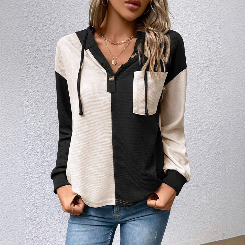 Women's waffle knit hoodie with henley buttons, chest pocket, and hood StylebySassy