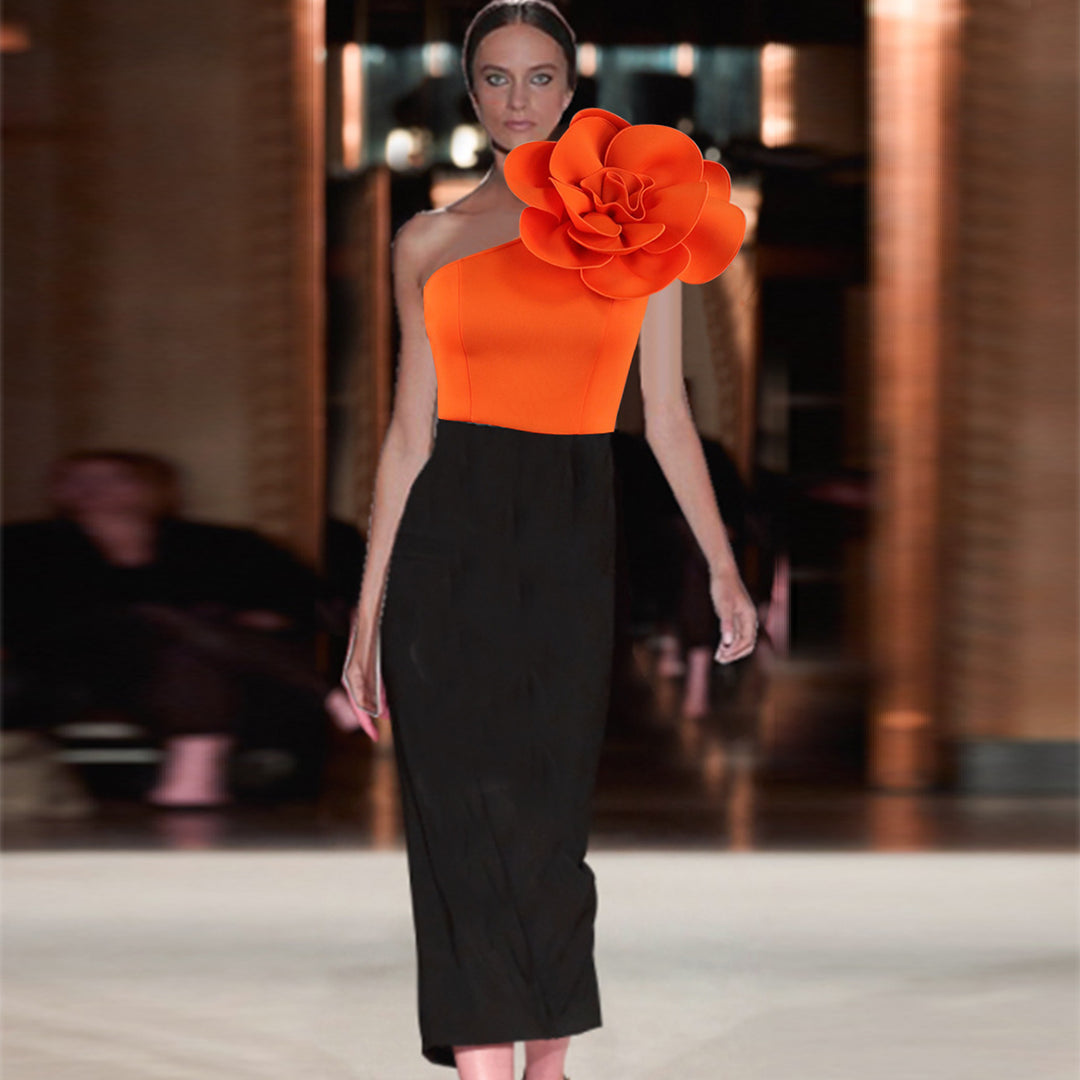 Women fitted dress with asymmetric floral accent StylebySassy