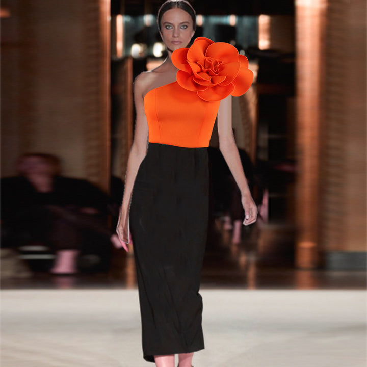 Women fitted dress with asymmetric floral accent StylebySassy