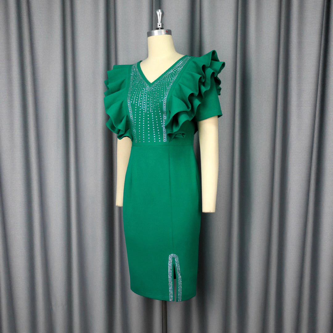 Ladies Elegant Dress with Voluminous Ruffle Details and Sparkling Decor StylebySassy
