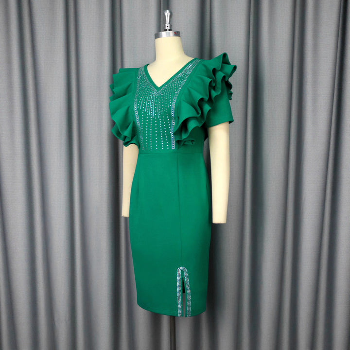 Ladies Elegant Dress with Voluminous Ruffle Details and Sparkling Decor StylebySassy