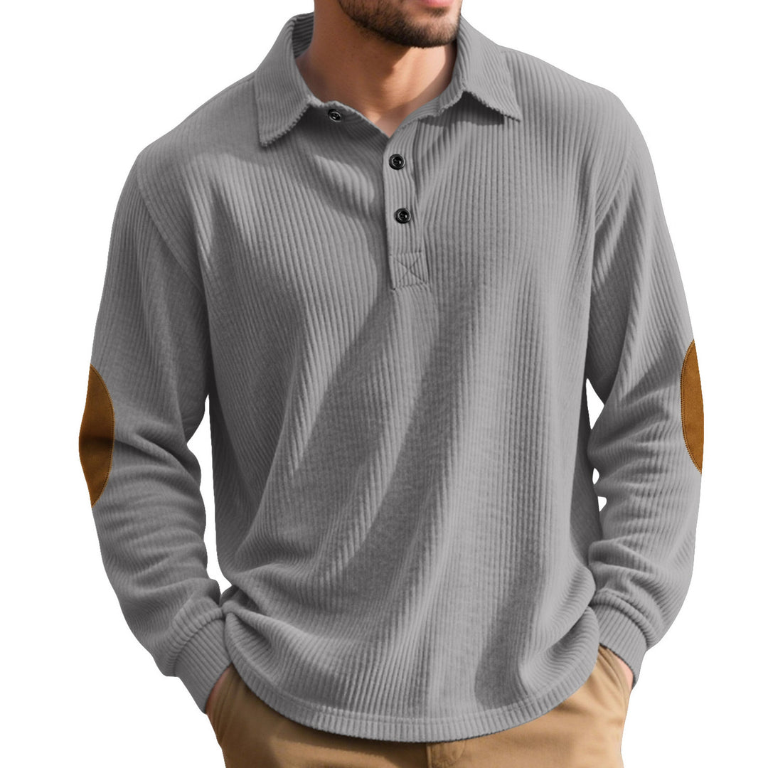 Men's ribbed casual polo with kent collar, short button placket and velour elbow patches StylebySassy