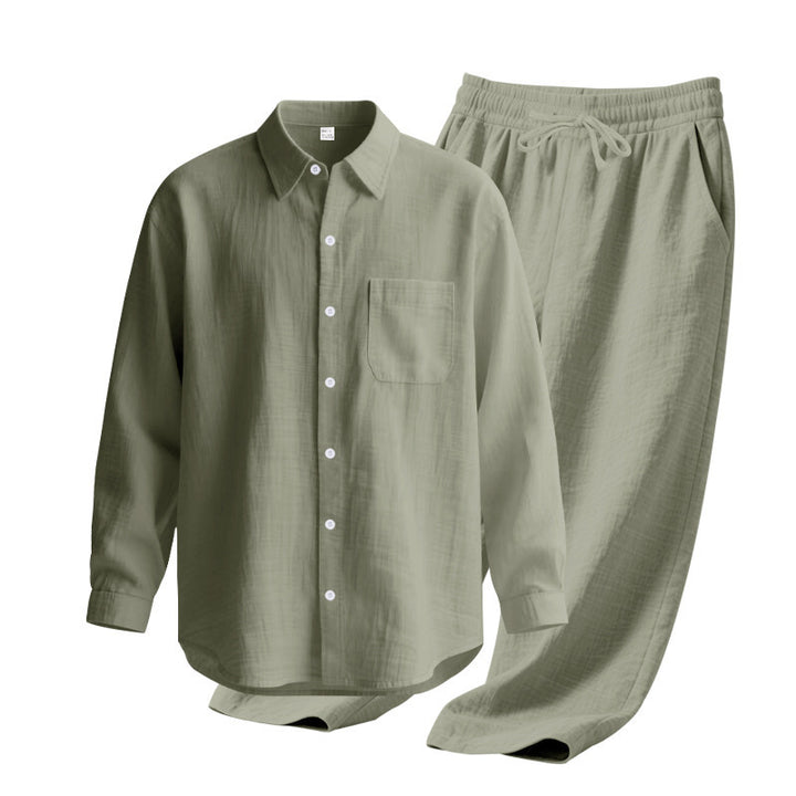 Men's light house suit made of cotton gauze with kent collar shirt, breast pocket and drawstring pants StylebySassy