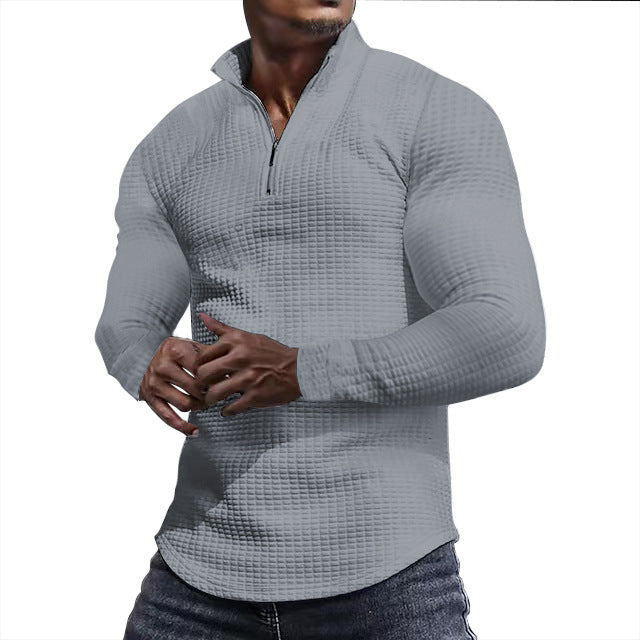 Men's tailored thermo half-zip pullover with waffle texture and standing collar StylebySassy