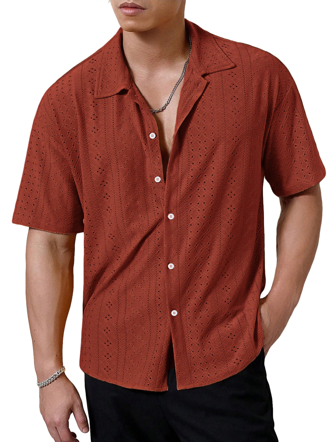 Men's short-sleeve casual shirt with openwork embroidery, lapel collar and relaxed fit StylebySassy