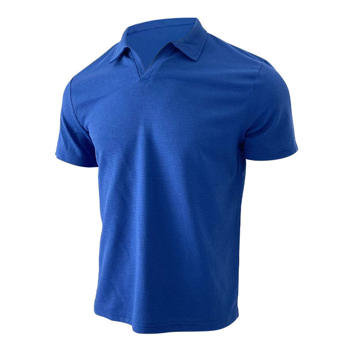 Men's lightweight short-sleeve polo made from waffle jersey with an open V-neck and shirt collar StylebySassy