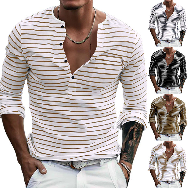 Men's striped long-sleeve shirt with short button placket, round neckline, and subtle chest pocket StylebySassy