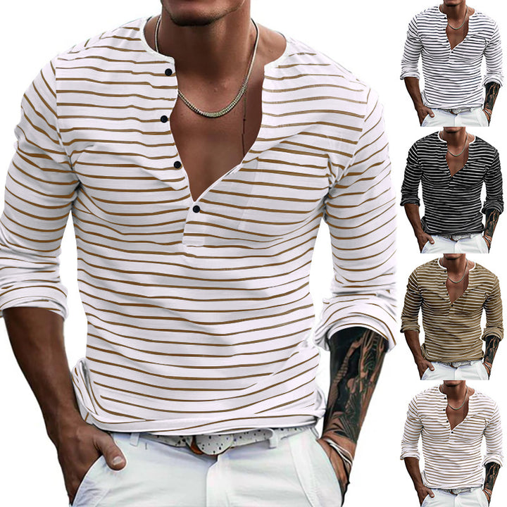 Men's striped long-sleeve shirt with short button placket, round neckline, and subtle chest pocket StylebySassy