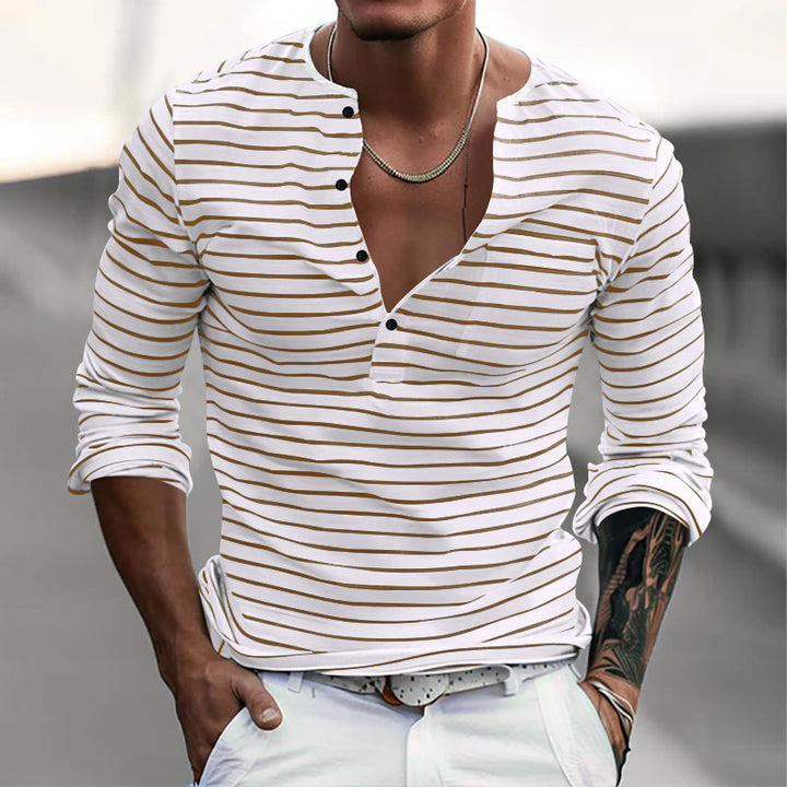 Men's striped long-sleeve shirt with short button placket, round neckline, and subtle chest pocket StylebySassy