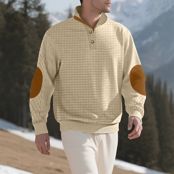 Men's plaid quilted sweatshirt with Henley placket, high stand-up collar, and velour elbow patches StylebySassy