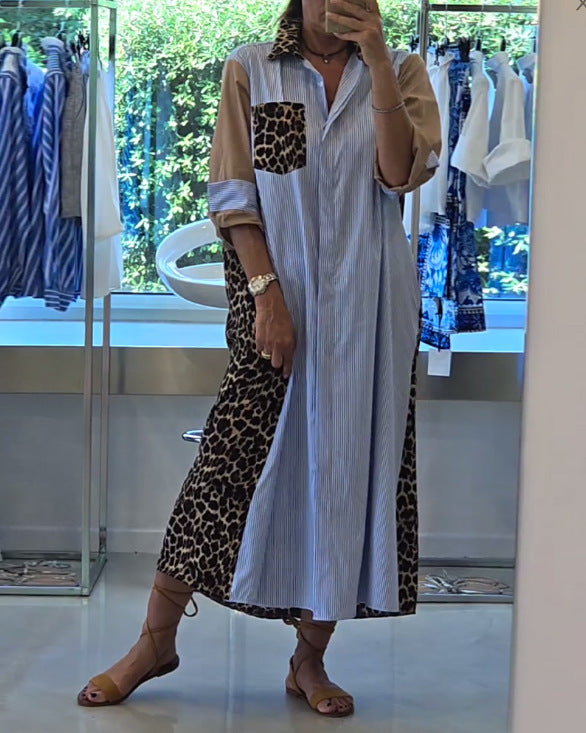 Women's shirt dress in print mix with leopard print side inserts, pinstripe yoke and roll-up sleeves StylebySassy