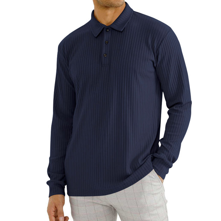 Men's nano ribbed long sleeve polo shirt with fine ribbed texture, classic collar, and elastic hem StylebySassy