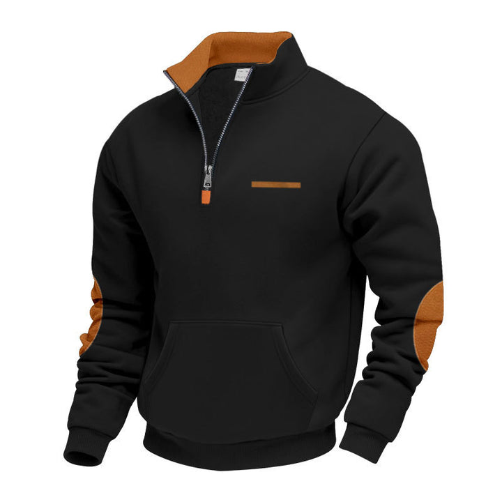 Men's half-zip sweatshirt with stand-up collar, kangaroo pocket, and elbow patches StylebySassy